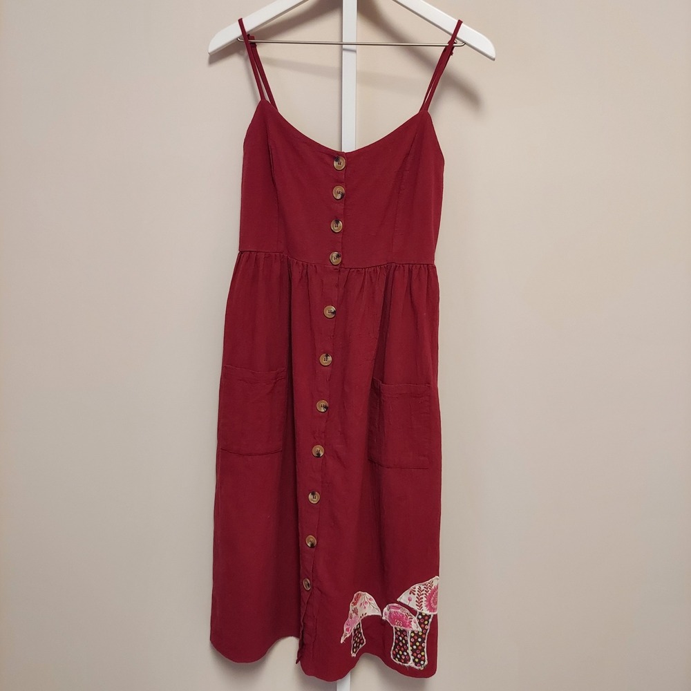SHEIN‎ Red Smocked Bodice Midi Dress Mushroom Patch Applique Boho Cottagecore